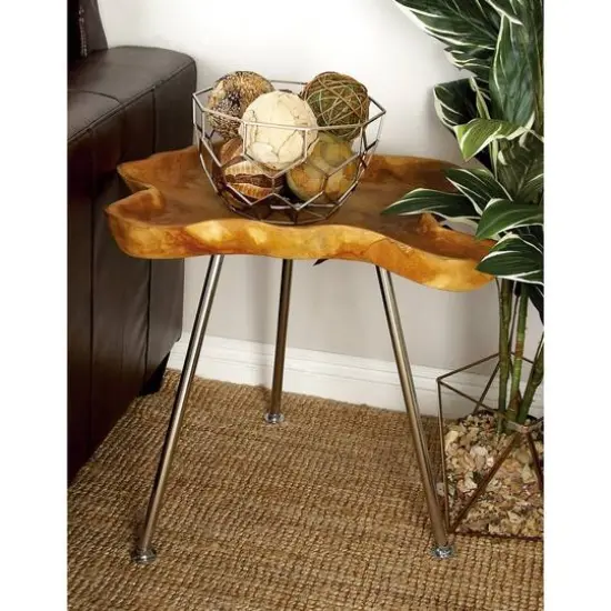 27" Brown Teak Contemporary Accent Table {6}