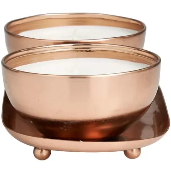 12oz. 2-Wick White Wax Tropical Breeze Scented Candle with Copper Container Bowls and Thin Oval Holding Tray Set {4}