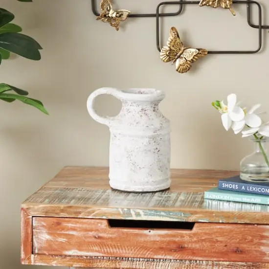 10" White Ceramic Antique Style Textured Vase with Terracotta Accents and Ring Handle {3}