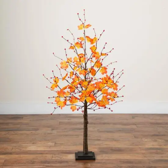 4ft. Pre-Lit Autumn Maple Artificial Fall Tree with Berries and 60 Warm White LED Lights {7}