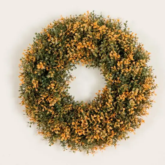 18in. Pre-Lit Autumn Boxwood Artificial Fall Wreath with 25 Warm White LED Lights {7}