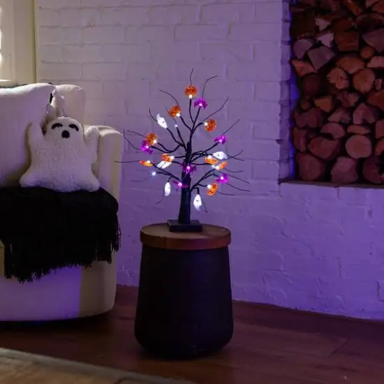 18in. Pre-Lit Artificial Halloween Ghost, Bats & Pumpkins 24 LED Lighted Ornament Tree {13}