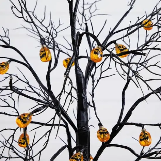 3ft. Pre-Lit Artificial Halloween Black Twig Tree with 18 Orange LED Pumpkin Shaped Lights {5}