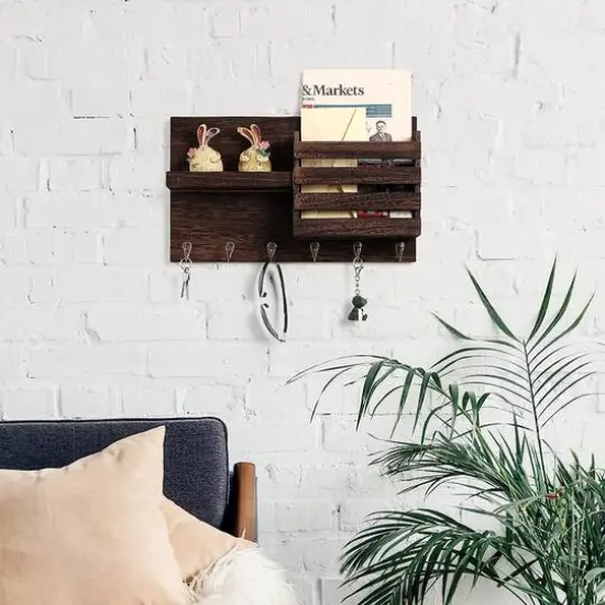 NEX&trade; Rustic Brown Wall-Mounted Mail Envelope Organizer with Key Hooks {7}