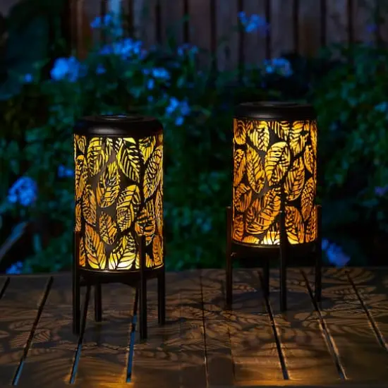 Glitzhome&reg; 14.25" Black Metal Cutout Leaves Pattern Solar Powered LED Outdoor Lantern, 2ct. {5}