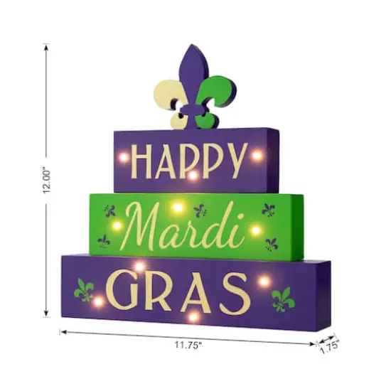 Glitzhome® 11.75" Lighted Mardi Gras Wooden Fleur-de-Lis Block Table Sign {9}