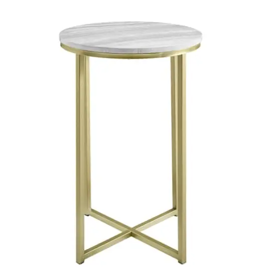 Walker Edison 16" Faux Stone Round Glam Side Table Faux Gray Marble/Gold {4}
