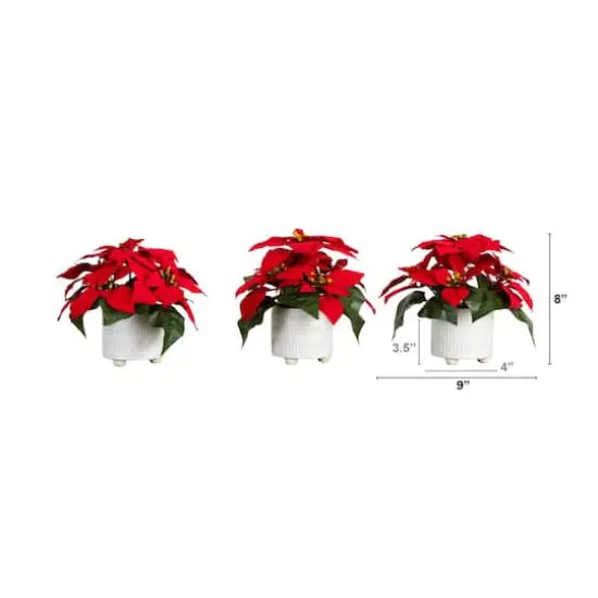 9" Artificial Poinsettia Arrangements in White Ceramic Pots, 3ct. {3}
