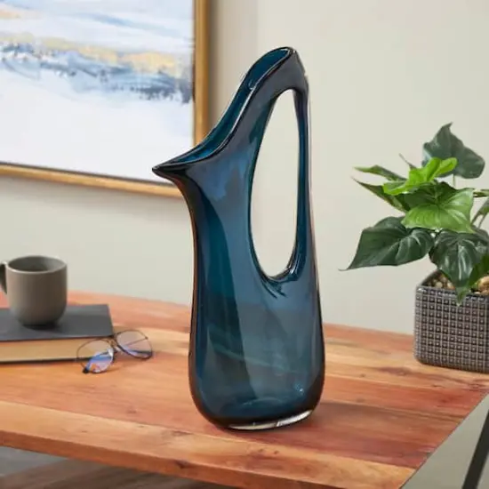Blue Abstract Glass Vase with Cutout Handle & Elongated Opening Dark Blue {3}