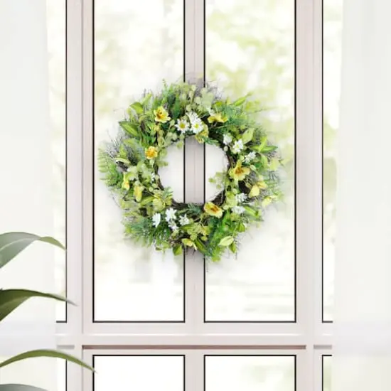 24" Yellow & White Spring Daisy & Dogwood Floral Wreath {3}