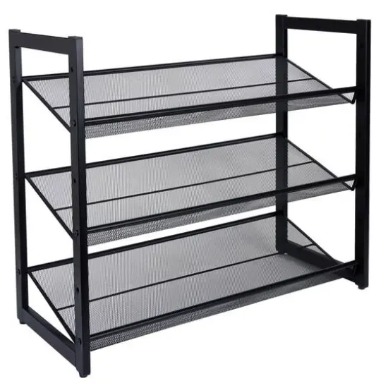 Organize It All 30" Wide Black 3 Tier Adjustable Mesh Shoe Rack {7}