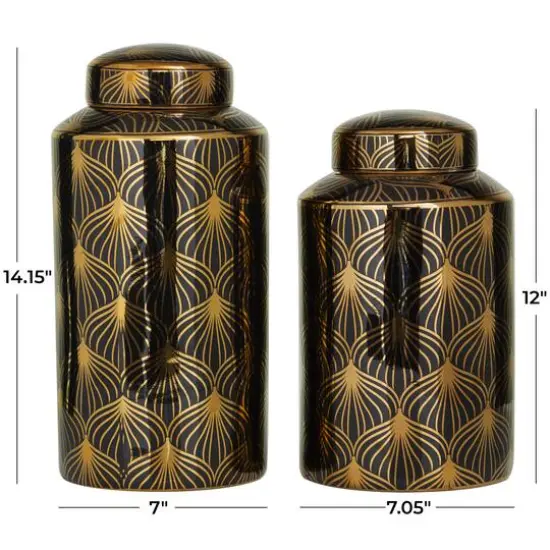 Black & Gold Ceramic Floral Decorative Jars Set {6}