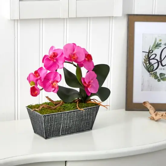 13" Phalaenopsis Orchid Artificial Arrangement in Embossed Tin Vase {4}