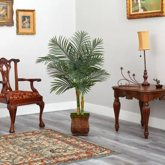 4ft. Golden Cane Palm Tree in Decorative Metal Planter {5}