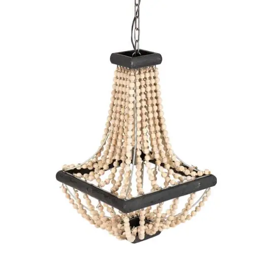 Wood & Metal Framed Chandelier with Wood Bead Draping Tan/Black {3}