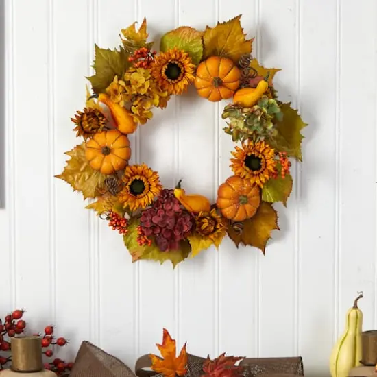 22" Autumn Hydrangea, Pumpkin & Sunflower Wreath {3}
