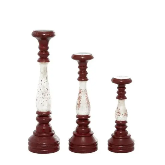 20" Red & White Wood Farmhouse Candlestick Holder Set {3}