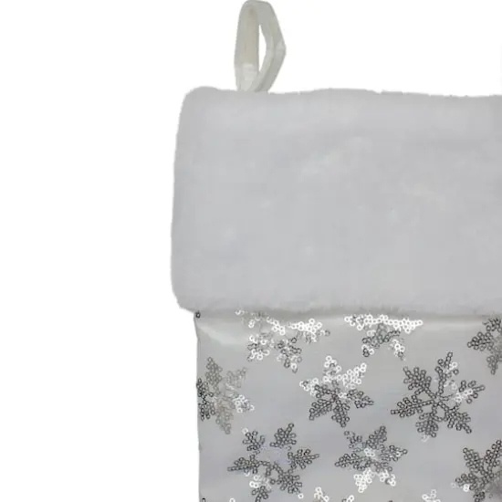 20.5" Sequin Snowflake Stocking With White Faux Fur Cuff, White & Silver {6}
