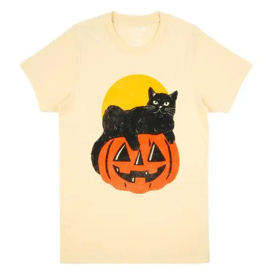 Beige Black Cat on Jack-o'-Lantern Adult Crew Neck T-Shirt by Celebrate It&trade; {1}