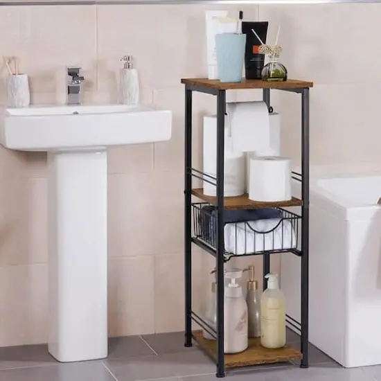 NEX&trade; 28" Freestanding 3-Tier Storage Shelf with Basket Drawer & Toilet Paper Holder {5}