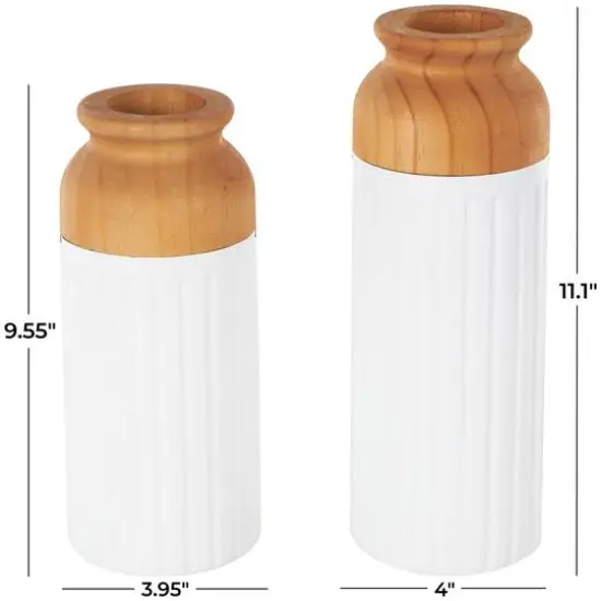 White & Brown Grooved Texture Metal & Wood Vase Set {8}