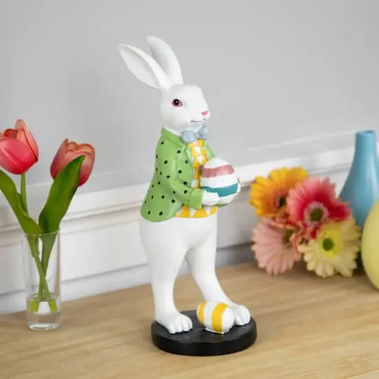 11.5" Rabbit Holding Easter Egg Outdoor Garden Statue {3}