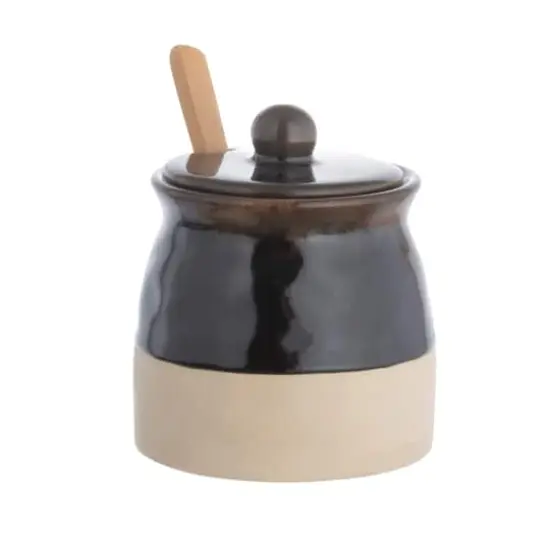 Hello Honey&reg; 4.4" Black Stoneware Sugar Pot with Lid & Wood Spoon {2}