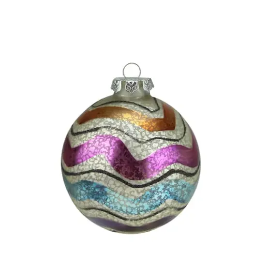 4.5" Shiny White Striped Merry & Bright Glass Ball Ornament {1}