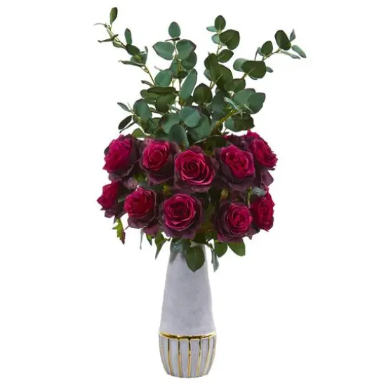 26" Rose & Eucalyptus Arrangement in Stoneware Gold Trim Vase {1}