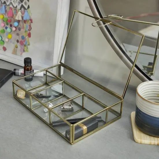 Rectangular Metal & Glass Jewelry Box Gold {8}