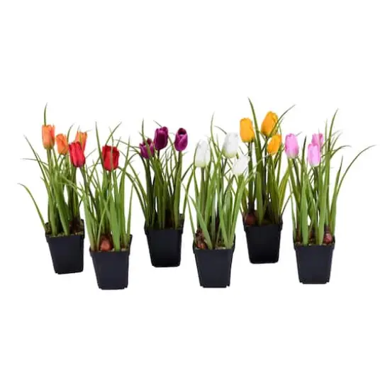 10" Artificial Tulips in Black Plastic Planters Pots, 6ct. {1}