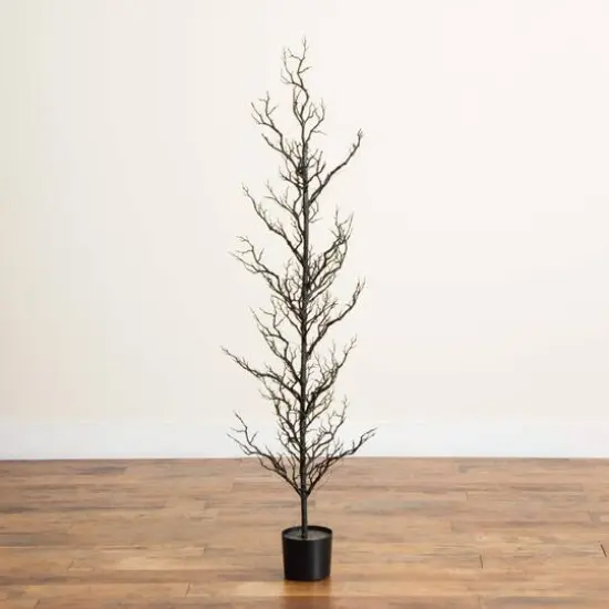 5ft. Pre-Lit Artificial Halloween Black Spooky Twig Tree with 200 Orange & Purple Copper Wire String LED Lights {8}