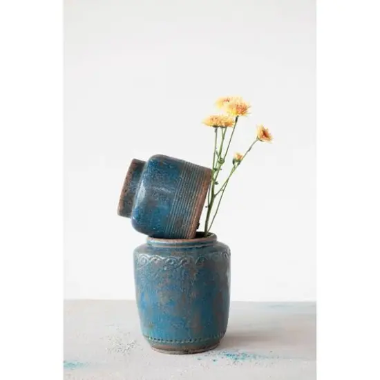 Hello Honey&reg; 9" Distressed Blue Debossed Terracotta Vase {6}