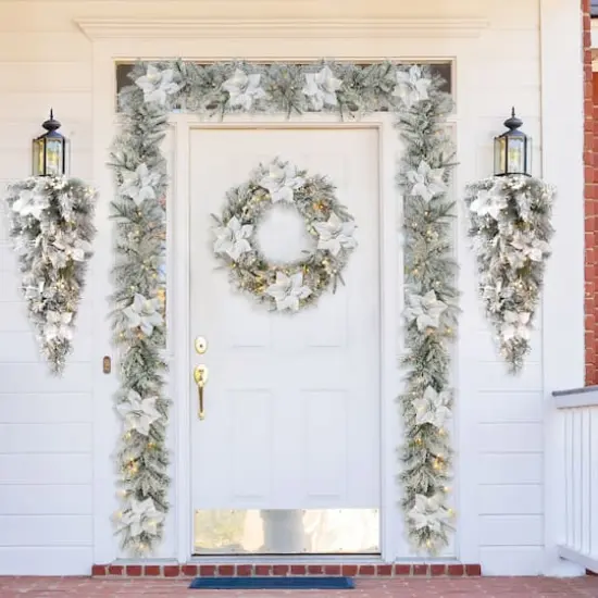Glitzhome&reg; 36" Pre-Lit Flocked Greenery Pine White Poinsettia & Berry Christmas Teardrop with Timer {5}