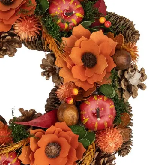 13.25'' Unlit Autumn Harvest Orange Flowers and Gourds Pine Cone Wreath {3}