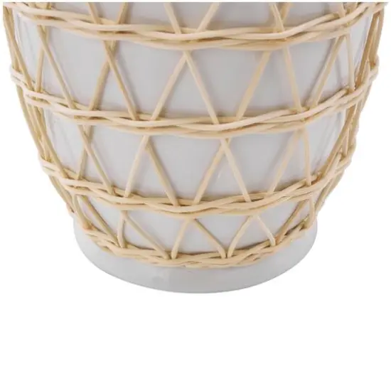 14" White Ceramic Vase with Woven Rattan Exterior {4}