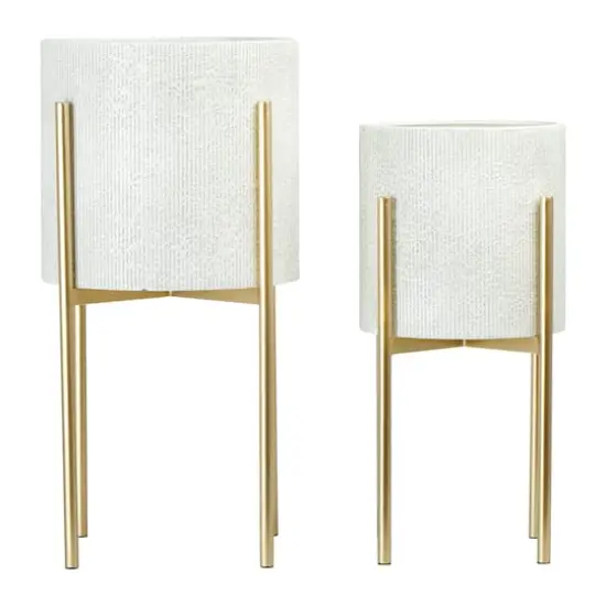 Hello Honey&reg; White & Gold Boho Embossed Metal Planters with Stands Set {1}