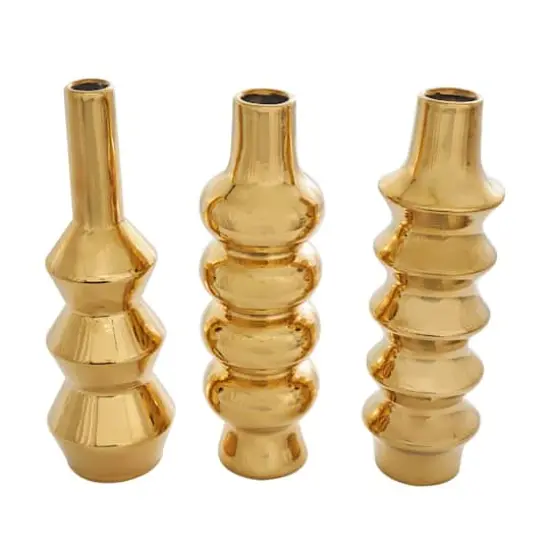 Gold Ceramic Abstract Bubble Ribbed Vase Set {1}