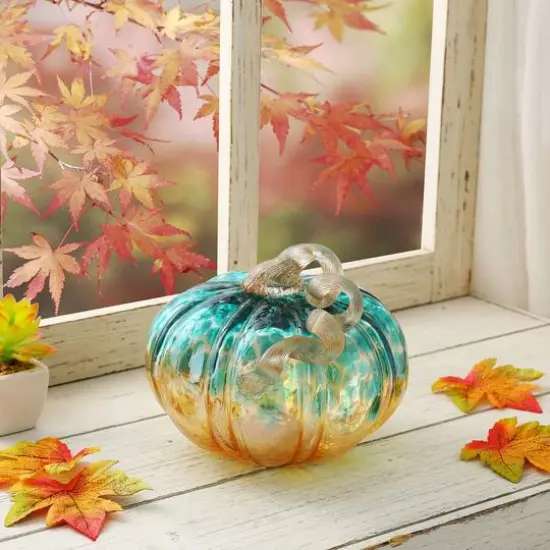Glitzhome&reg; Small Glitter Glass Pumpkin, Blue & Gold {9}