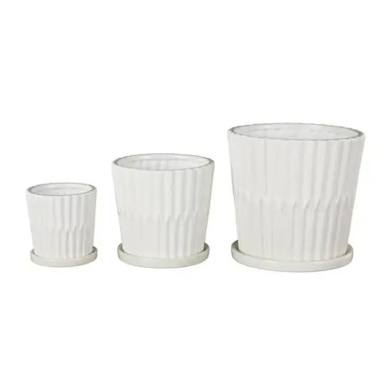 White Double Ribbed Textured Ceramic Planter Set {9}
