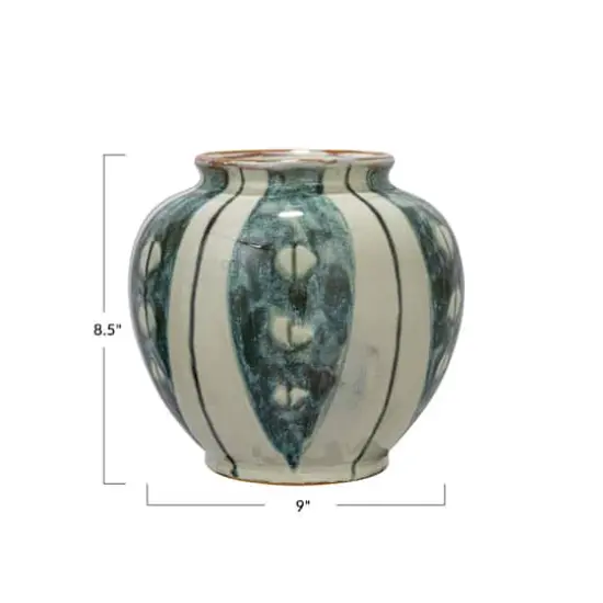Hello Honey&reg; 9" Cream & Green Reactive Glaze Striped Round Hand-Painted Stoneware Vase {6}