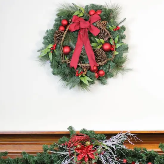 24" Red Ball Ornaments & Pinecones Artificial Pine Wreath {5}