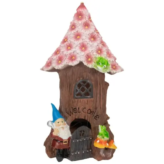 14" Solar Lighted Bless Our Home Gnome Tree House Outdoor Garden Statue {1}