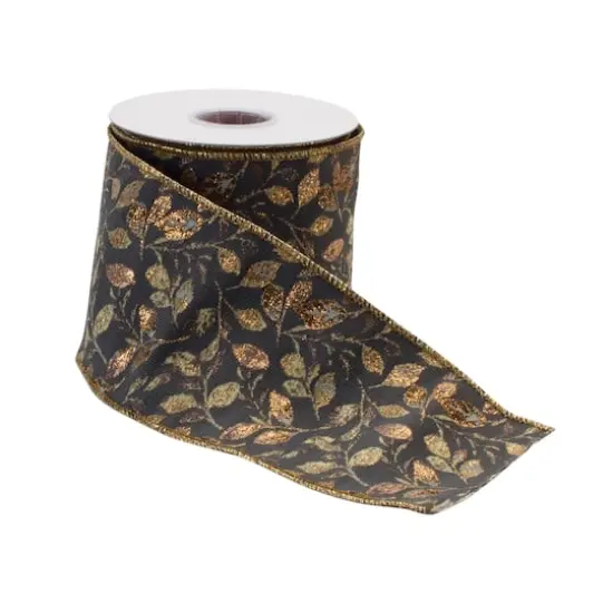 4" x 5yd. Gray & Gold Wired Leaf Print Ribbon {1}