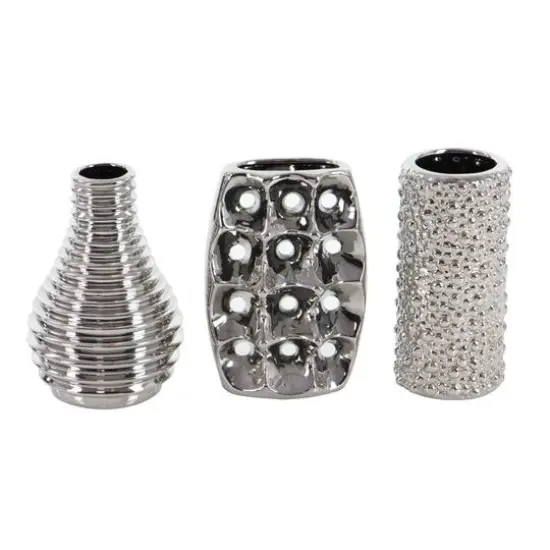 Set of 3 Silver Ceramic Glam Vase, 8" x 5" {6}