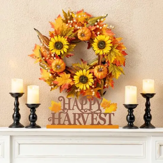 Glitzhome&reg; 24" Fall Sunflower Pumpkin Leaf Wreath {3}