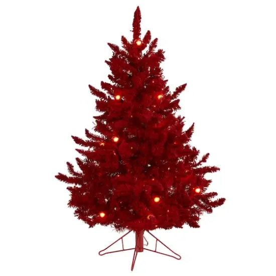 4ft. Pre-Lit Red Flocked Fraser Fir Artificial Christmas Tree with Red Lights {1}
