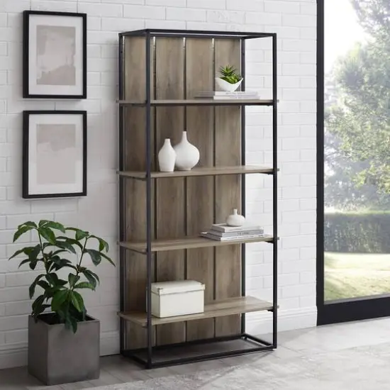 Walker Edison 64" Graywash & Black Metal Farmhouse Plank Back Bookshelf {3}