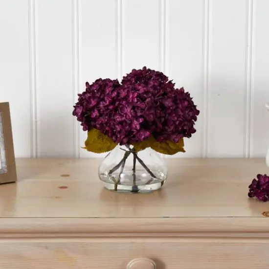 8.5" Purple Hydrangea Arrangement in Glass Vase {6}