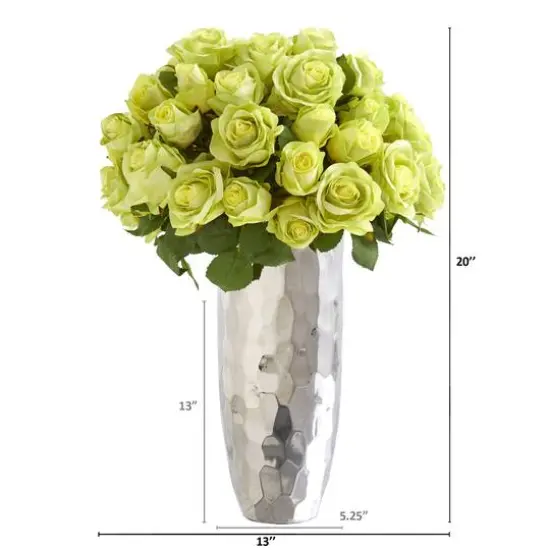 20" Rose Artificial Arrangement in Silver Vase Green {3}